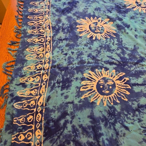 Vintage Boho Sun Tie Dye Sarong Scarf Beach Cover Up Blue Damage Resort Cruise - Picture 3 of 7